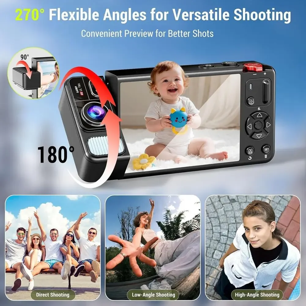 Digital Camera, 4K 64MP Cameras for Photography, 270°Flip Screen Vlogging Camera